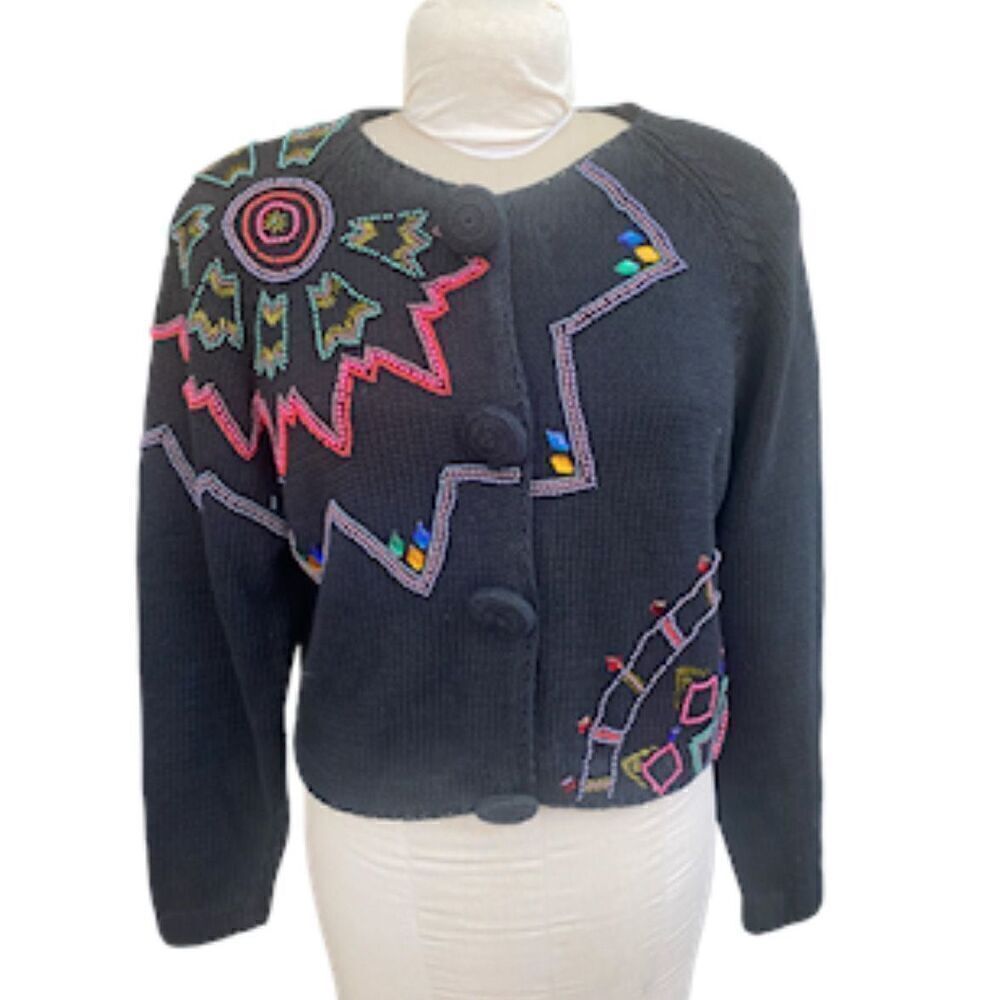 New York News Abstract Beaded Cardigan Vintage Sz. L Starburst Boxy, Y2K
